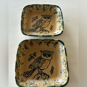 Vintage Set Honiton England Ceramic Dishes hand-painted  Image of Owl 4 x 4 in
